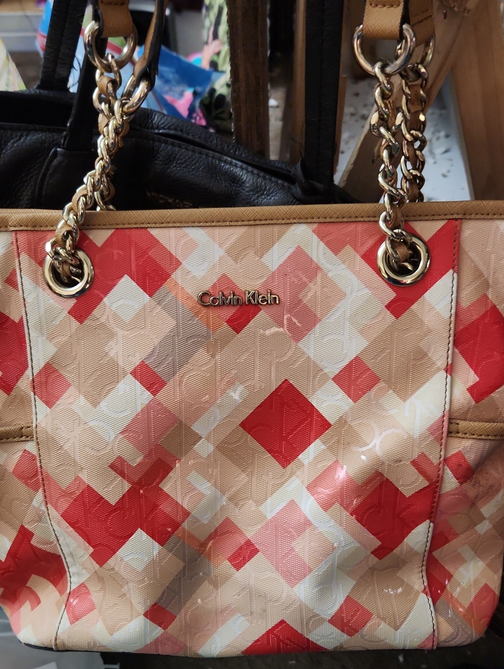 Calvin Klein Beige & Red Geometric Chain-Handle Tote
